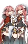  2boys :p :t aura black_bow black_legwear blush bow braid cape dark_aura dual_persona fate/apocrypha fate/grand_order fate_(series) from_side fur_trim garter_straps gloves hair_bow hand_on_another&#039;s_stomach highres multiple_boys nagatsuki_take pink_eyes pink_hair red_cape rider_of_black single_braid thigh-highs tongue tongue_out trap violet_eyes white_cape white_gloves 