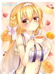  1girl blonde_hair bow breasts chihio choker cleavage coffee_cup crop_top cup eyebrows_visible_through_hair hair_bow hairband highres holding holding_cup long_hair looking_at_viewer medium_breasts midriff navel original solo striped striped_bow striped_hairband suspenders upper_body yellow_eyes 