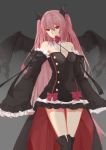  1girl black_bra black_dress black_ribbon black_wings bra breasts cleavage detached_sleeves dress hair_ornament highres krul_tepes long_hair medium_breasts owari_no_seraph pink_hair red_eyes ribbon solo underwear wings 