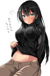  1girl :t agano_(kantai_collection) alternate_costume aqua_eyes ar_(lover_boy) arm_at_side arm_support black_hair black_sweater blush breasts casual clothes_lift erect_nipples highres kantai_collection large_breasts long_hair looking_at_viewer navel no_bra pout ribbed_sweater sitting sweater sweater_lift turtleneck_sweater 