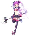  1girl ;d aisha_(elsword) bandeau black_boots black_bow black_skirt boots bow elsword flat_chest full_body hair_bow juliet_sleeves long_sleeves looking_at_viewer magic miniskirt one_eye_closed open_mouth pinb puffy_sleeves purple_hair short_hair skirt smile solo staff standing standing_on_one_leg thigh-highs thigh_boots thigh_strap twintails violet_eyes void_princess_(elsword) white_background 