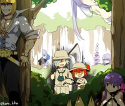  belt blonde_hair breasts character_request chibi clenched_teeth drill_hair edmond_dantes_(fate/grand_order) fate/grand_order fate_(series) fedora fujimaru_ritsuka_(female) glasses hair_over_one_eye hat kana large_breasts long_hair multiple_boys multiple_girls orange_hair outdoors purple_hair riyo_(lyomsnpmp)_(style) sakata_kintoki_(fate/grand_order) short_hair side_ponytail sleeves_pushed_up sunglasses teeth tree twitter_username white_hair yellow_eyes 