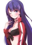  1girl ;) blue_eyes breasts cleavage cross cross_necklace earrings enelis fate/grand_order fate_(series) front-tie_bikini front-tie_top jacket jewelry long_hair looking_at_viewer medium_breasts necklace one_eye_closed open_clothes open_jacket purple_hair saint_martha smile solo swimsuit upper_body white_background 