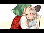  2girls animal_ears asu_tora capelet closed_eyes forehead_kiss green_hair grey_hair half-closed_eye kazami_yuuka kiss letterboxed long_sleeves mouse_ears mouse_tail multiple_girls nazrin plaid plaid_vest red_eyes short_hair tail touhou vest yuri 