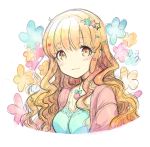  :3 brown_eyes brown_hair floral_background h2so4 hair_ornament hairclip idolmaster idolmaster_cinderella_girls jewelry long_hair moroboshi_kirari necklace sparkling_eyes star star_hair_ornament traditional_media watercolor_(medium) wavy_hair 