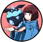  1girl alternate_color bangs blunt_bangs bob_cut brown_hair carbink character_request circle cloak closed_mouth eyebrows_visible_through_hair gem highres long_sleeves looking_at_another pokemon pokemon_(creature) pokemon_(game) pokemon_xy rock shiny_pokemon short_hair signature simple_background smile tokiya violet_eyes white_background 