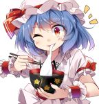  1girl ;d blue_hair blush bowl chopsticks dress e.o. eating facing_viewer fingernails food hat highres mob_cap mochi one_eye_closed open_mouth red_eyes remilia_scarlet sharp_fingernails short_hair smile solo touhou wagashi white_background wrist_cuffs 