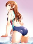  1girl ass blue_swimsuit brown_eyes brown_hair competition_swimsuit cowboy_shot from_behind idolmaster idolmaster_cinderella_girls idolmaster_cinderella_girls_starlight_stage long_hair looking_back nitta_minami one-piece_swimsuit sakaki_imasato solo swimcap_removed swimsuit water 