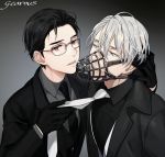  2boys alternate_eye_color artist_name black_gloves black_hair blue_eyes formal gearous glasses gloves hair_slicked_back katsuki_yuuri male_focus multiple_boys muzzle necktie necktie_grab neckwear_grab red_eyes silver_hair smile suit viktor_nikiforov yaoi yuri!!!_on_ice 