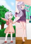  2girls backpack bag barefoot blue_eyes dress dual_persona eromanga_sensei highres izumi_sagiri kneehighs kneepits legs long_hair multiple_girls no_pants open_mouth pink_dress pointing randoseru shirt shirt_grab shirt_tug shoes short_hair silver_hair standing standing_on_one_leg white_legwear younger 