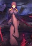  1girl bodysuit breasts covered_navel erect_nipples fate/grand_order fate_(series) feet gae_bolg large_breasts long_hair looking_at_viewer magicxiang no_shoes parted_lips pauldrons polearm pov_feet purple_bodysuit purple_hair red_eyes scathach_(fate/grand_order) solo spear toes veil weapon 