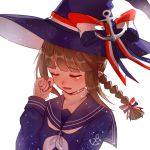  1girl :d anchor_symbol blue_shirt blush bow braid brown_hair closed_eyes crying eyebrows_visible_through_hair hair_bow hat long_sleeves majiang neckerchief oounabara_to_wadanohara open_mouth pointy_ears sailor_collar shirt simple_background smile solo striped striped_bow turtleneck upper_body wadanohara white_background witch witch_hat 