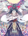  1boy 1girl blue_hair fan hair_ornament hair_ribbon highres long_hair looking_at_viewer malamar multicolored_hair pale_skin personification pokemon red_eyes ribbon standing suana white_hair wide_sleeves 