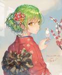  1girl 2017 artist_name bird bird_on_hand branch brown_eyes dated eyebrows_visible_through_hair floral_print flower from_behind green_hair hair_between_eyes hair_ornament hair_up highres japanese_clothes kanzashi kimono looking_back momoko_(momopoco) number obi original parted_lips profile sash signature solo translated upper_body 