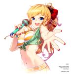  1girl bikini_top blonde_hair blue_eyes blush breasts cleavage highres idolmaster idolmaster_cinderella_girls long_hair looking_at_viewer microphone navel ootsuki_yui open_mouth outstretched_arm ponytail rheez smile solo 