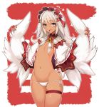  1girl :d blue_eyes blush capelet cowboy_shot dark_skin flat_chest groin headdress heart holding long_hair looking_at_viewer navel open_mouth original panties rooster_tail sessue side-tie_panties skindentation smile solo thigh_strap underwear white_hair white_panties white_wings wing_collar wings 