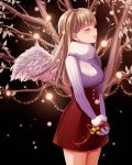  1girl angel angel_wings bell black_background blonde_hair blurry blush breasts christmas closed_eyes commentary cowboy_shot depth_of_field feathered_wings floating_hair from_side gloves highres large_breasts light_particles original own_hands_together parted_lips purple_gloves red_ribbon red_skirt ribbed_sweater ribbon skirt snow solo suzunosenchi sweater tree v_arms wings 