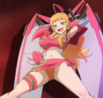  1girl :d armpits arms_behind_head blonde_hair blush breasts cleavage fang female haruyama_kazunori large_breasts long_hair looking_at_viewer midriff navel open_mouth pte-chan robot_girls_z smile solo yellow_eyes 