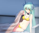  1girl aqua_hair arm_support bangs basa_rutan bikini blanket blush breasts cleavage detached_collar eyebrows_visible_through_hair fate/grand_order fate_(series) hair_between_eyes highres horns indoors kiyohime_(fate/grand_order) kiyohime_(swimsuit_lancer)_(fate) long_hair looking_at_viewer medium_breasts navel on_bed side-tie_bikini sidelocks sitting smile solo swimsuit yellow_bikini yellow_eyes 