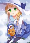  1girl bangs blonde_hair blunt_bangs braid green_eyes hat highres lillie_(pokemon) long_hair o-yatsu pantyhose pokeball_symbol pokemon pokemon_(game) pokemon_sm smile solo sun_hat torchic twin_braids white_hat winter_clothes 