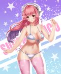  1girl absurdres ashley bikini blush breasts cleavage front-tie_top headphones highres large_breasts long_hair looking_at_viewer navel nitroplus pink_hair print_legwear red_eyes side-tie_bikini skindentation smile solo star star_print super_sonico swimsuit thigh-highs white_bikini 