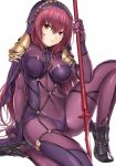  1girl arm_at_side armor bangs black_shoes blush bodysuit breasts circlet covered_navel erect_nipples eyebrows_visible_through_hair fate/grand_order fate_(series) gae_bolg gem hakaba_(dairiseki) head_tilt high_heels highres holding holding_weapon impossible_bodysuit impossible_clothes knee_up large_breasts long_hair looking_at_viewer parted_lips purple_hair purple_swimsuit red_eyes ruby_(stone) scathach_(fate/grand_order) shoes shoulder_pads simple_background skin_tight swimsuit veil very_long_hair weapon white_background 