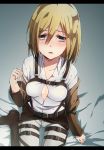  1girl bed_sheet blonde_hair christa_renz collarbone from_above grey_eyes hair_between_eyes keita_(tundereyuina) looking_at_viewer military military_uniform shingeki_no_kyojin short_hair sitting solo uniform 