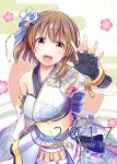  1girl blush breasts brown_eyes brown_hair detached_sleeves fingerless_gloves gloves hagiwara_yukiho hair_ornament happy_new_year highres idolmaster izuki_(toneya) japanese_clothes navel new_year open_mouth outstretched_hand short_hair smile solo 