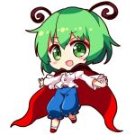  1girl :d antennae blue_shorts blush_stickers cape chibi eyebrows eyebrows_visible_through_hair frilled_shorts frills full_body green_eyes green_hair juliet_sleeves long_sleeves looking_at_viewer lowres open_mouth outstretched_arms puffy_shorts puffy_sleeves red_cape red_shoes renren_(ah_renren) revision shirt shoes short_hair shorts simple_background smile solo spread_arms touhou white_background white_legwear white_shirt wriggle_nightbug 
