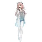  1girl animal_ears bags_under_eyes barefoot black_skirt bow breasts cat_ears cleavage cleavage_cutout cup eyebrows eyebrows_visible_through_hair feet full_body girls_frontline green_shirt hair_between_eyes hair_bow head_tilt holding holding_cup hologram labcoat long_hair looking_at_viewer medium_breasts off_shoulder official_art open_mouth persica_(girls_frontline) pink_hair red_eyes scientist shirt skirt solo standing transparent_background unbuttoned unbuttoned_shirt 