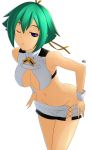  1girl absurdres aquarion_(series) aquarion_evol blue_eyes breasts cleavage green_hair groin hair_ribbon hell_machina_(1009056) highres long_hair navel one_eye_closed ribbon shirt short_hair short_shorts shorts shorts_pull signature simple_background solo tongue tongue_out white_background white_shirt yellow_ribbon zessica_wong 