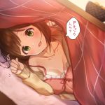  1girl breasts brown_hair cleavage fang green_eyes idolmaster idolmaster_cinderella_girls kotatsu looking_at_viewer lying maekawa_miku on_side open_mouth paw_pose short_hair solo table takeya_y0615 translation_request 