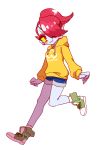  1girl age_regression alternate_costume alternate_hairstyle blue_skin blush denim denim_shorts hood hoodie redhead shoes shorts sneakers solo tsukemono124 undertale undyne younger 