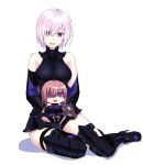  1girl :d armor armored_boots bare_shoulders blush_stickers boots breasts chibi fate/grand_order fate_(series) heart highres kurogiri open_mouth purple_hair shield shielder_(fate/grand_order) short_hair sitting smile violet_eyes yokozuwari 
