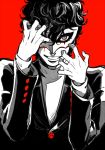 1boy black_background black_hair blood curly_hair grey_eyes grin kogashirou kurusu_akira looking_at_viewer male_focus mask persona persona_5 red_background school_uniform simple_background smile solo two-tone_background upper_body 