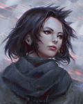  1girl artist_name black_hair black_scarf closed_mouth facial_scar green_eyes guweiz highres jyn_erso laser nose portrait rain realistic red_lips rogue_one:_a_star_wars_story scar scarf short_hair solo star_wars upper_body water 