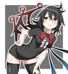  1girl :3 antenna_hair arm_support asymmetrical_wings bending_forward bent_over black_dress black_hair black_legwear blush bow bowtie dress flat_chest hand_on_hip hand_on_own_thigh highres houjuu_nue kz_oji long_hair looking_at_viewer red_eyes smirk solo thigh-highs touhou wings zettai_ryouiki 
