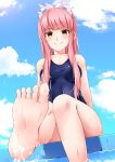  1girl :d bangs barefoot blush covered_navel day fate/grand_order fate_(series) feet highres long_hair looking_at_viewer medb_(fate/grand_order) open_mouth partially_submerged pink_hair poolside school_swimsuit sidelocks sky smile soaking_feet soles solo swimsuit tekku_(07201115) tiara toes water wet yellow_eyes 
