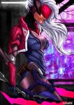  1girl alternate_costume cropped_jacket cyborg highres league_of_legends lips long_hair nate_lemire project:_katarina reverse_grip silver_hair solo sword visor weapon 