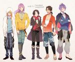  5boys adapted_costume argyle argyle_sweater blonde_hair boots brown_hair closed_eyes crossed_arms earrings green_eyes hachisuka_kotetsu hand_on_hip high_heel_boots high_heels hood hoodie jewelry kasen_kanesada kashuu_kiyomitsu male_focus mole mole_under_mouth multiple_boys mutsu-no-kami_yoshiyuki open_mouth pants plaid plaid_pants purple_hair red_eyes sandals scarf shorts smile sweater t_k_g touken_ranbu turtleneck yamanbagiri_kunihiro yellow_eyes 