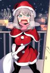  !! 1girl :d azu_(azu401) black_legwear blue_eyes blush breasts capelet christmas gloves grey_hair hat highres looking_at_viewer open_mouth sack santa_costume santa_hat smile snowing solo tejina_senpai white_gloves 