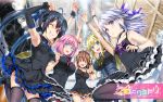  5girls black_dress black_hair black_legwear blonde_hair blue_eyes bob_cut brown_eyes brown_hair chunithm dress hands_up highres hisashi_(nekoman) irodorimidori long_hair multiple_girls pink_hair ponytail short_hair silver_hair violet_eyes white_legwear 