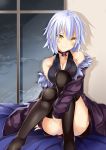  1girl absurdres alternate_costume alternate_hair_color aria_(schwarza97rw0rd) bare_shoulders black_legwear blush breasts cleavage commentary_request eyebrows_visible_through_hair fate/grand_order fate_(series) hair_between_eyes highres indoors jeanne_alter knees_up looking_at_viewer ruler_(fate/apocrypha) short_hair silver_hair smile solo thigh-highs window yellow_eyes 