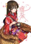  1girl bangs blurry_background blush breasts brown_eyes brown_hair closed_mouth floral_background floral_print food hair_between_eyes hair_ornament happy_new_year holding_bowl holding_chopsticks japanese_clothes kimono long_hair looking_at_viewer magu_(mugsfc) medium_breasts new_year obi oden original red_kimono sash seiza sitting smile solo translated white_background wings 