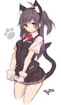  1girl ahoge animal_ears blush cat_ears cat_tail commentary_request cropped_legs diadem fake_animal_ears gloves goekawa hagikaze_(kantai_collection) kantai_collection long_hair looking_at_viewer neck_ribbon one_side_up pleated_skirt purple_hair ribbon school_uniform skirt smile solo tail vest violet_eyes white_background 