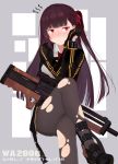  1girl artist_request blush braid bullpup embarrassed girls_frontline gloves gun high_heels legs_crossed long_hair looking_away necktie pantyhose purple_hair red_eyes rifle scope side_ponytail sniper_rifle solo torn_clothes torn_pantyhose wa2000_(girls_frontline) walther walther_wa_2000 weapon 