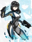  1girl black_hair contrapposto energy green_eyes gun highres lips long_hair looking_to_the_side original saggitary skin_tight smile solo trigger_discipline weapon zoom_layer 