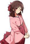  1girl asakawa_(outeq) blush bow brown_hair drill_hair hair_bow hakama hands_together harukaze_(kantai_collection) japanese_clothes kantai_collection kimono long_hair looking_at_viewer meiji_schoolgirl_uniform pink_kimono red_bow red_eyes red_hakama simple_background smile solo twin_drills white_background 