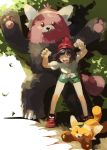  &gt;_&lt; 1girl alternate_color bangs bare_arms bare_legs bear bent_over bewear black_hair bob_cut bracelet brown_eyes closed_eyes closed_mouth female_protagonist_(pokemon_sm) fingernails green_shorts highres jewelry leaf leaning_forward looking_at_viewer mayo_cha open_mouth parted_bangs paws pokemon pokemon_(creature) pokemon_(game) pokemon_sm shiny_pokemon shirt shoes short_hair short_sleeves shorts simple_background smile sneakers standing stufful tail teeth tied_shirt tongue tree white_background yellow_shirt z-ring 
