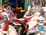  1girl animal_ears breasts claw_(weapon) claws food fruit granblue_fantasy hair_between_eyes highres looking_at_viewer looking_back lying miniskirt on_stomach orange red_eyes sen_(granblue_fantasy) shirokuro_(shirokuro-1999) sideboob silver_hair skirt smile solo weapon 